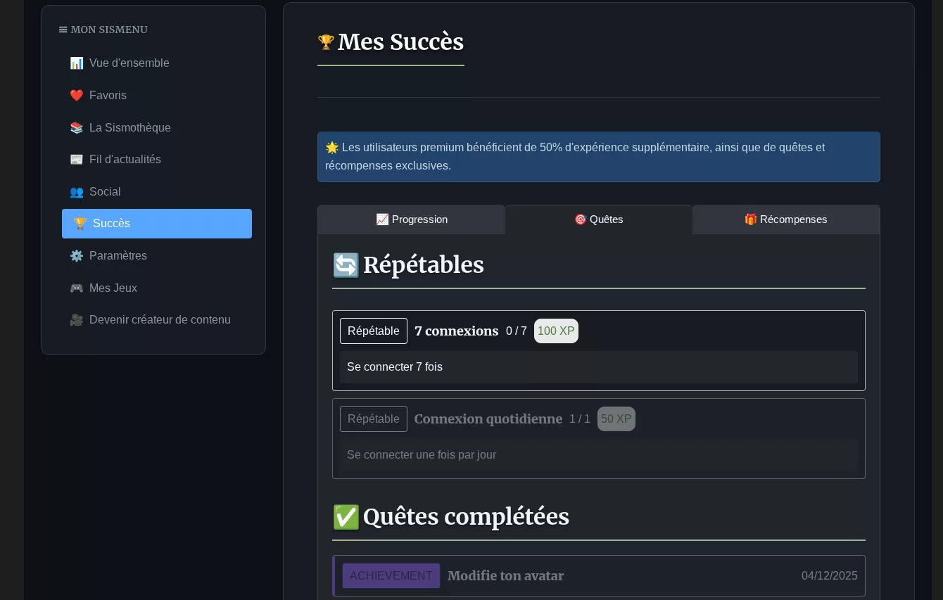 Quetes et succes jeux indé Sisme Games